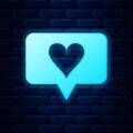 Glowing neon Like and heart icon isolated on brick wall background. Counter Notification Icon. Follower Insta. Vector