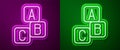 Glowing neon line ABC blocks icon isolated on purple and green background. Alphabet cubes with letters A,B,C. Vector Royalty Free Stock Photo