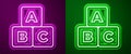 Glowing neon line ABC blocks icon isolated on purple and green background. Alphabet cubes with letters A,B,C. Vector Royalty Free Stock Photo