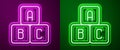 Glowing neon line ABC blocks icon isolated on purple and green background. Alphabet cubes with letters A,B,C. Vector Royalty Free Stock Photo