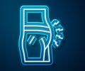 Glowing neon line Abdominal bloating icon isolated on blue background. Constipation or diarrhea. Vector