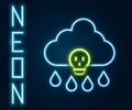 Glowing neon line Acid rain and radioactive cloud icon isolated on black background. Effects of toxic air pollution on