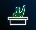 Glowing neon line Active male kid raising hand answering to teacher question icon isolated on black background. An