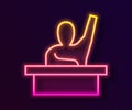 Glowing neon line Active male kid raising hand answering to teacher question icon isolated on black background. An