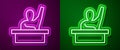 Glowing neon line Active male kid raising hand answering to teacher question icon isolated on purple and green