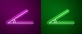 Glowing neon line Acute angle of 45 degrees icon isolated on purple and green background. Vector Illustration