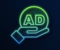 Glowing neon line Advertising icon isolated on blue background. Concept of marketing and promotion process. Responsive Royalty Free Stock Photo