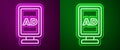 Glowing neon line Advertising icon isolated on purple and green background. Concept of marketing and promotion process Royalty Free Stock Photo