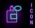 Glowing neon line Aftershave bottle with atomizer icon isolated on black background. Cologne spray icon. Male perfume