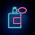 Glowing neon line Aftershave bottle with atomizer icon isolated on brick wall background. Cologne spray icon. Male Royalty Free Stock Photo