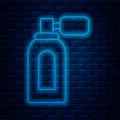 Glowing neon line Aftershave bottle with atomizer icon isolated on brick wall background. Cologne spray icon. Male Royalty Free Stock Photo