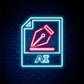 Glowing neon line AI file document. Download ai button icon isolated on brick wall background. AI file symbol. Colorful