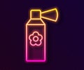 Glowing neon line Air freshener spray bottle icon isolated on black background. Air freshener aerosol bottle. Vector