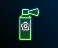 Glowing neon line Air freshener spray bottle icon isolated on black background. Air freshener aerosol bottle. Colorful