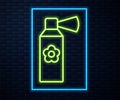 Glowing neon line Air freshener spray bottle icon isolated on brick wall background. Air freshener aerosol bottle