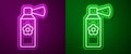 Glowing neon line Air freshener spray bottle icon isolated on purple and green background. Air freshener aerosol bottle