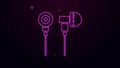 Glowing neon line Air headphones icon icon isolated on purple background. Holder wireless in case earphones garniture