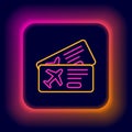 Glowing neon line Airline ticket icon isolated on black background. Plane ticket. Colorful outline concept. Vector