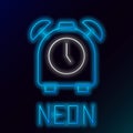Glowing neon line Alarm clock icon isolated on black background. Wake up, get up concept. Time sign. Colorful outline Royalty Free Stock Photo