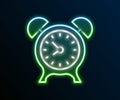 Glowing neon line Alarm clock icon isolated on black background. Wake up, get up concept. Time sign. Colorful outline Royalty Free Stock Photo