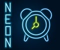 Glowing neon line Alarm clock icon isolated on black background. Wake up, get up concept. Time sign. Colorful outline Royalty Free Stock Photo