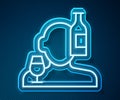 Glowing neon line Alcoholism, or alcohol use disorder icon isolated on blue background. Vector