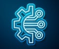 Glowing neon line Algorithm icon isolated on blue background. Algorithm symbol design from Artificial Intelligence