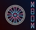 Glowing neon line Alloy wheel for car icon isolated on black background. Colorful outline concept. Vector