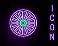 Glowing neon line Alloy wheel for a car icon isolated on black background. Colorful outline concept. Vector