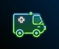 Glowing neon line Ambulance and emergency car icon isolated on black background. Ambulance vehicle medical evacuation