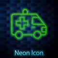 Glowing neon line Ambulance and emergency car icon isolated on brick wall background. Ambulance vehicle medical