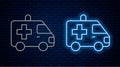 Glowing neon line Ambulance and emergency car icon isolated on brick wall background. Ambulance vehicle medical