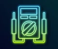 Glowing neon line Ampere meter, multimeter, voltmeter icon isolated on black background. Instruments for measurement of