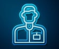 Glowing neon line Analyst engineer icon isolated on blue background. Vector