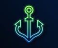 Glowing neon line Anchor icon isolated on blue background. Vector