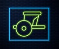 Glowing neon line Ancient Greece chariot icon isolated on brick wall background. Vector