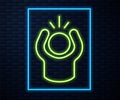 Glowing neon line Anger icon isolated on brick wall background. Anger, rage, screaming concept. Vector