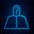 Glowing neon line Anonymous man with question mark icon isolated on brick wall background. Unknown user, incognito