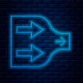 Glowing neon line Arrow icon isolated on brick wall background. Direction Arrowhead symbol. Navigation pointer sign Royalty Free Stock Photo
