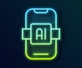 Glowing neon line Artificial intelligence AI icon isolated on black background. Machine learning, cloud computing