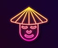 Glowing neon line Asian or Chinese conical straw hat icon isolated on black background. Chinese man. Vector