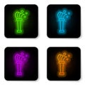 Glowing neon line Aspergillum icon isolated on white background. Black square button. Vector