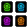 Glowing neon line Astronaut helmet icon isolated on white background. Black square button. Vector