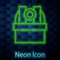 Glowing neon line Astronomical observatory icon isolated on brick wall background. Observatory with a telescope