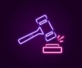 Glowing neon line Auction hammer icon isolated on black background. Gavel - hammer of judge or auctioneer. Bidding