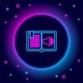 Glowing neon line Audio book icon isolated on black background. Audio guide sign. Online learning concept. Colorful Royalty Free Stock Photo