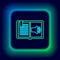 Glowing neon line Audio book icon isolated on black background. Audio guide sign. Online learning concept. Colorful Royalty Free Stock Photo