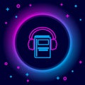 Glowing neon line Audio book icon isolated on black background. Book with headphones. Audio guide sign. Online learning Royalty Free Stock Photo