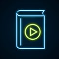 Glowing neon line Audio book icon isolated on black background. Play button and book. Audio guide sign. Online learning Royalty Free Stock Photo