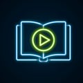 Glowing neon line Audio book icon isolated on black background. Play button and book. Audio guide sign. Online learning Royalty Free Stock Photo